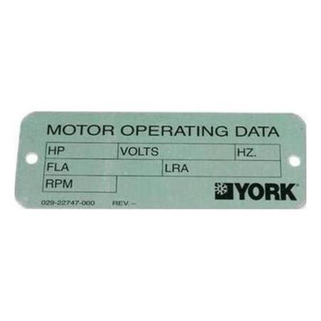 York 029-22747-000 - Nameplate | OEM Industrial Part York 029-22747-000 - York - 029-22747-000 - Nameplate